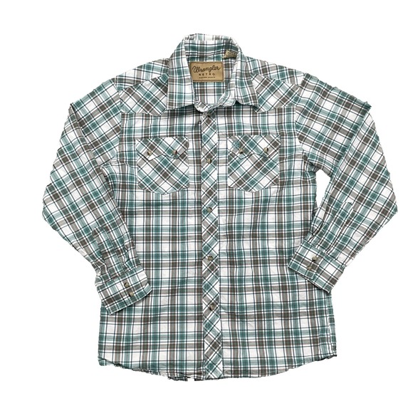 Wrangler‎ Retro Western Shirt Youth Large Green Pearl Snap Workwear Cowboy Rodeo - Picture 1 of 10